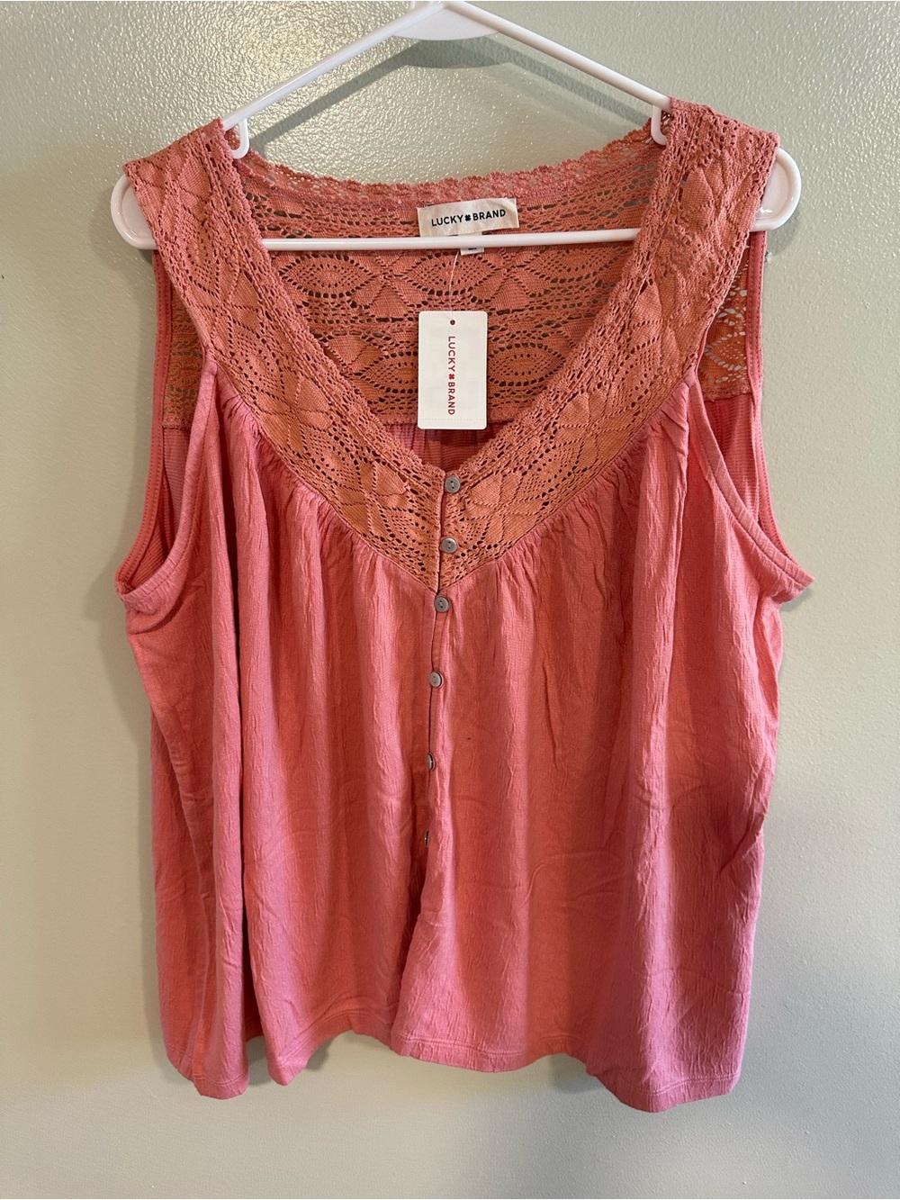 Lucky Brand Peach Blossom Lace Yoke Button-Front Tank Top